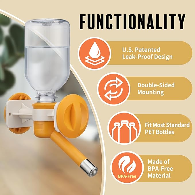 Choco Nose Patented No-Drip Dog Water Bottle/Feeder for Dogs/Cats and Other Small-Medium Sized Animals - for Cages, Crates or Wall Mount. 10.2 Oz. Mess Free Leak-Proof Nozzle 16mm, Orange (C590)