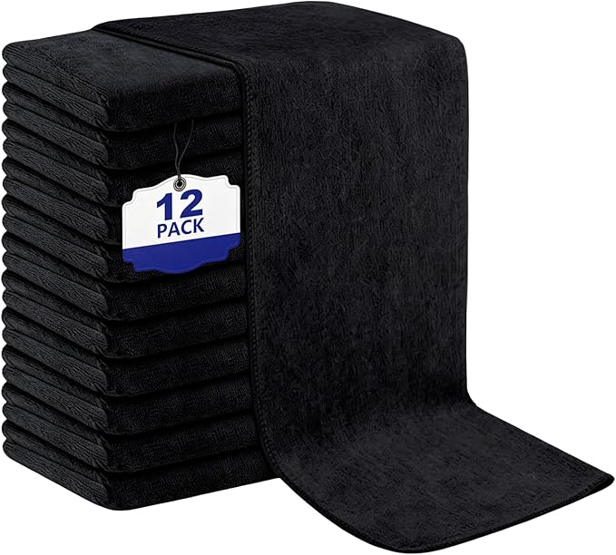 Puomue Black Salon Towels, Super Soft and Absorbent Microfiber Hair Towel for Salon, Bath, Spa, Pool and Home, 27 inch X 16 inch (Black - 12 Pack)