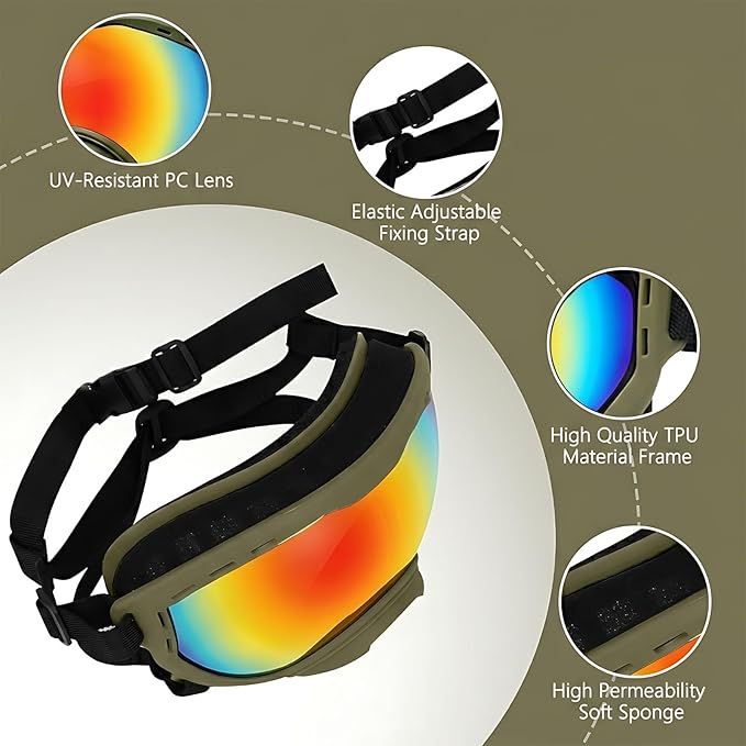 Dog Goggles for Medium to Large Breeds, UV Protection Dog Sunglasses with Colored PC Lens, Soft TPU Frame and Adjustable Straps, Windproof Dustproof Anti-Fog Pet Eyewear for Outdoor Activities (Green)