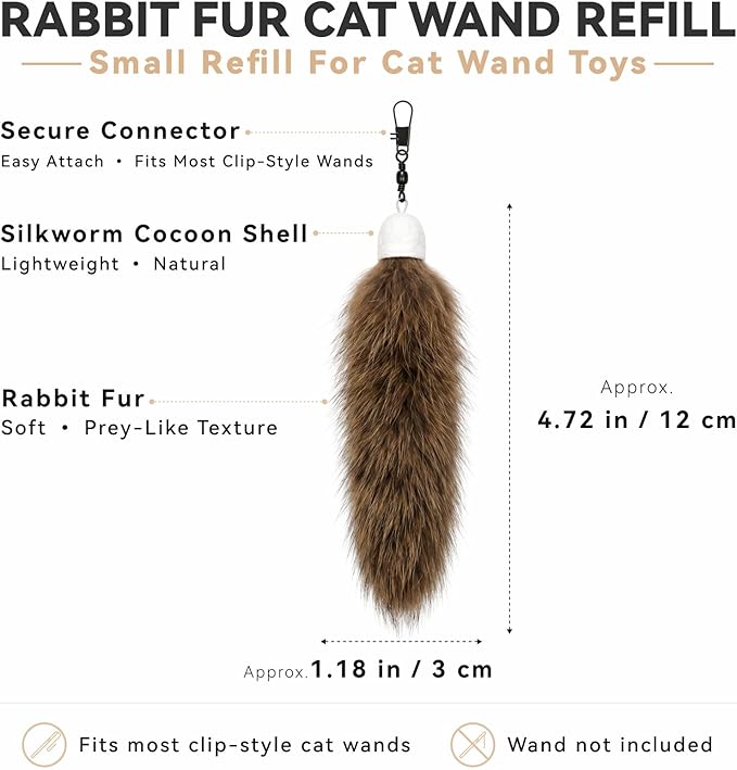 Natural Rabbit Fur Cat Toys Refills, 2 Pcs Silent Interactive Cat Wand Attachments for Indoor Cats, Handmade Fluffy Kitten Teaser Replacement Accessories (Brown)