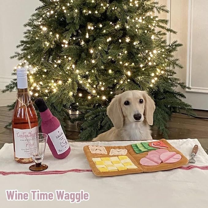 Dog Snuffle Mat Slow Feeding Mats Sniffing Puzzle Toys Interactive Burrow Activity Hide and Seek Enrichment Toys for Foraging Training Dog Gifts for Small Medium Large Dogs (Menu Set with Wine Bottle)