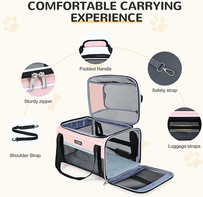 Lekereise Top-Expandable Pet Carrier 17x11x9.5 Inch Alaska Hawaiian Airline Approved Soft Sided Underseat to 12lbs Travel Carriers for Small Dogs and Cats with Locking Safety Zippers Anti-Scratch Mesh