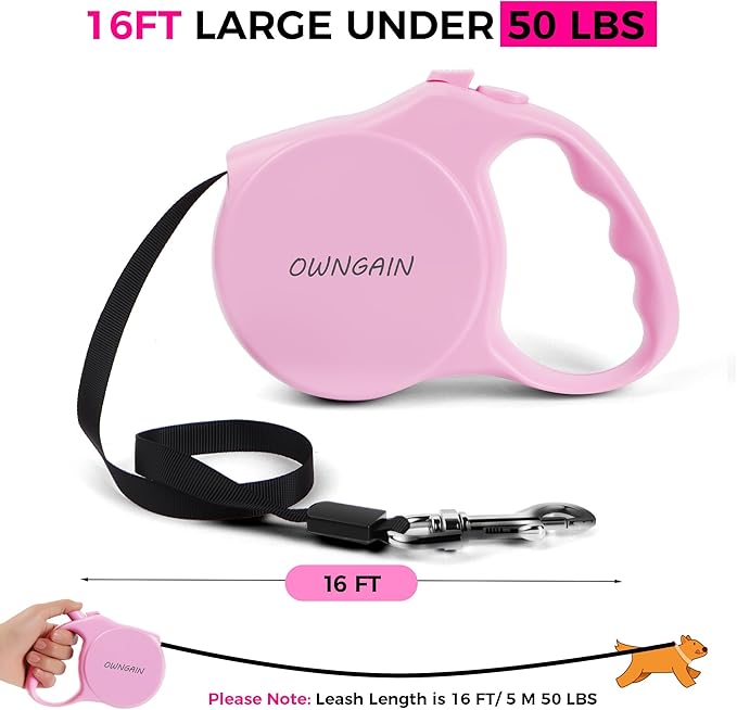 Pink Retractable Dog Leash,Strong Nylon Tape-One-Handed One Button Lock for Puppy, Cat, Pet Walking and Training,16ft Dog Walking Leash with 360°Tangle-Free Design,Anti-Slip Handle (Pink -Small)