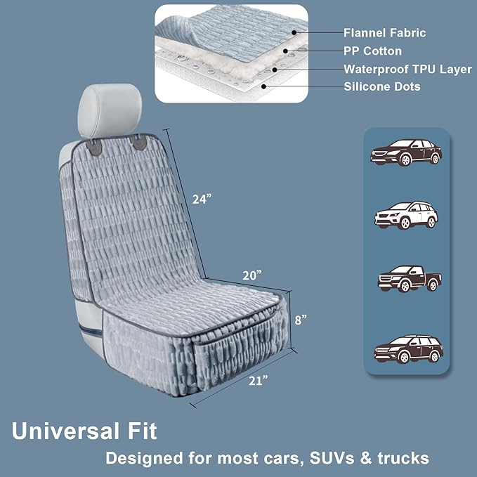 Soft Front Seat Dog Cover, Waterproof Dog Car Seat Protector with Side Flaps, Non-Slip Fluffy Flannel with Full Protection for Pets on Captain Seat in Cars SUVs Trucks (Grey, Standard Front)