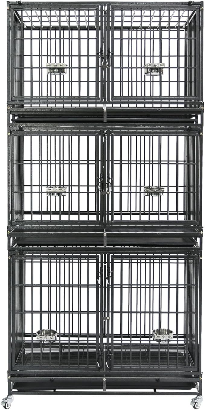 Homey Pet 43 Inch Stackable Heavy Duty Dog Crate Cage Kennel with Lockable Wheels, Removable Tray & Grid, Divider, Feeding Bowls, Escape Proof Drop Cage Bank for Small Medium Large Sized Dogs(3 Tiers)