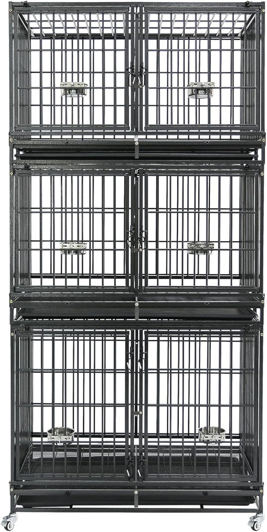 Homey Pet 43 Inch Stackable Heavy Duty Dog Crate Cage Kennel with Lockable Wheels, Removable Tray & Grid, Divider, Feeding Bowls, Escape Proof Drop Cage Bank for Small Medium Large Sized Dogs(3 Tiers)