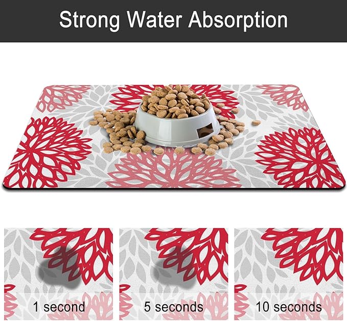 Dog Food Mats for Floors, Absorbent and Quick-Drying Pet Cat Food Mat,Anti-Fouling and Easy-to-Clean Pet Feeding Mat,Dog Bowl Mat for Messy Drinking Water Bowls.17x32, Bohemia Dahlia Floral Style