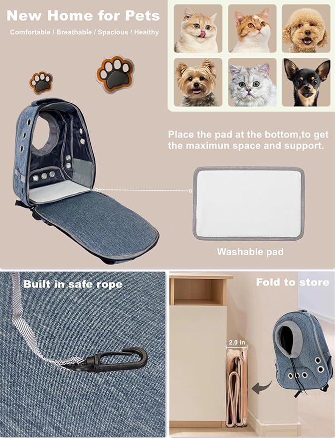 Small Dog Cat Chest Backpack Carrier,Large Space Ventilated Front Facing Backpack Carrier for Puppy,Lightweight Doggy Backpack for Hiking,Camping,Travel,Outdoor,Max 12 lbs(Denim Blue)