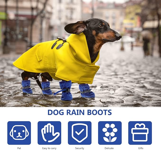 POPETPOP Waterproof Dog Rain Boots Set with Adjustable Straps Non-Slip Nylon and Cotton Paw Protectors for Small and Medium Dogs Outdoor Rain Shoes