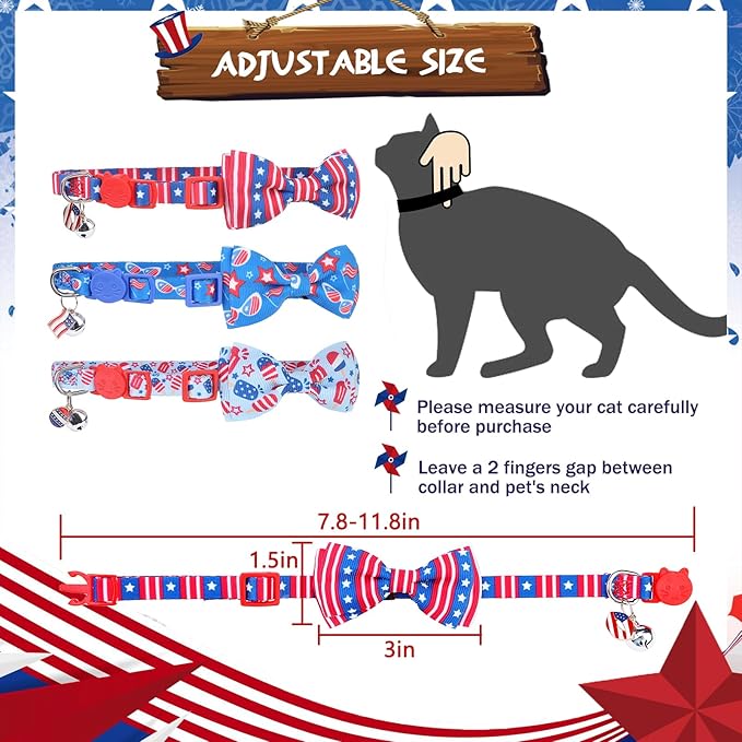 PUPTECK Cat Collar Breakaway with Bells, Kitten Collar Outfit Adjustable for Girl Boy Small Pet Puppy Bunny, Cute Costume Accessory with Safety Release Buckle (Bowtie-Independence Day)