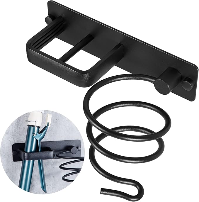 YUET Hair Dryer Holder Hairdryer Station Wall Mounted Shelf Bracket Straightener Stand Hanger Organizer Blow Storage with Cable Tidy Rack for Dressing Table Bathroom Aluminum Professional, Black