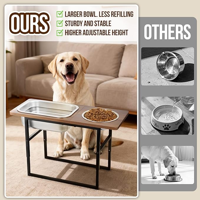Elevated Dog Bowls for Large and X-Large Breed, 2 Stainless Steel Bowls, 2 Adjustable Heights 14" or 12" Raised Dog Water and Food Bowl with Metal Stand (Upgraded Extra-Large Water Bowl)