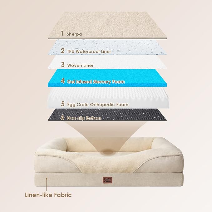 EHEYCIGA Orthopedic XL Dog Bed for Large Sized Dog, 48x35 Inch Extra Large Memory Foam Dog Couch Bed with Sides, Waterproof Liner & Washable Removable Cover, Bolster Pet Sofa, Beige