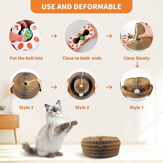 Magnetic & Reversible Cat Cardboard Scratcher, Cat Toys for Indoor Cats, Collapsible Ball Track with Bell, Interactive Cat Toys for Chasing and Scratching, for Both Adult & Kittens Cat
