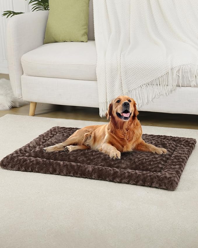 Washable Dog Bed Reversible Dog Beds for Crate Soft Fluffy Kennel Pad Anti-Slip Pet Sleeping Mat for Large Jumbo Medium Small Dogs (Brown, 42.00" x 28.00" x 1.50")