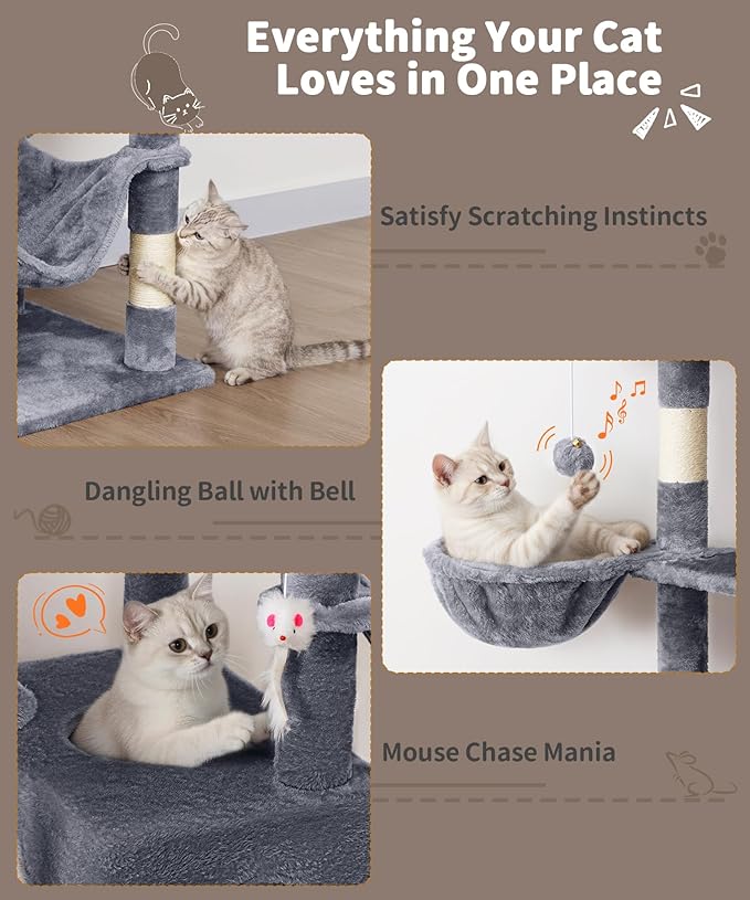 AMHANCIBLE 70 Inch Cat Tree for Large Cats, Multi-Level Cat Tower Condo with 2 Houses & Hammock for Indoor Cats, Tall Heavy Duty Kitty Playhouse, Grey, PT18GY