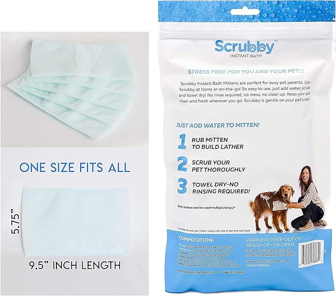 Scrubby Pet No Rinse Wipes | Rinse Free Shampoo Mittens | Dogs & Cats | Bath Wipes | Bathing & Washing Pets, Hypoallergenic | No Rinse Wash Mitt | Grooming, Lather Wipe Dry - Pack of 20