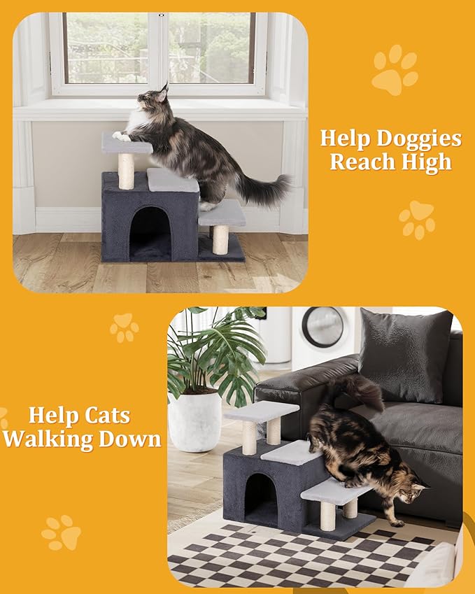 Aechonow 3-in-1 Pet Stairs for Cats, Dog Steps for Doggie Rabbits,7.8'' Depth Cat Stairs,Indoor Cat Steps for High Bed for Pet's Joints, Soft Plush, 1 Big Cat Condo Cave, Sisal Scratcher, Grey, Large