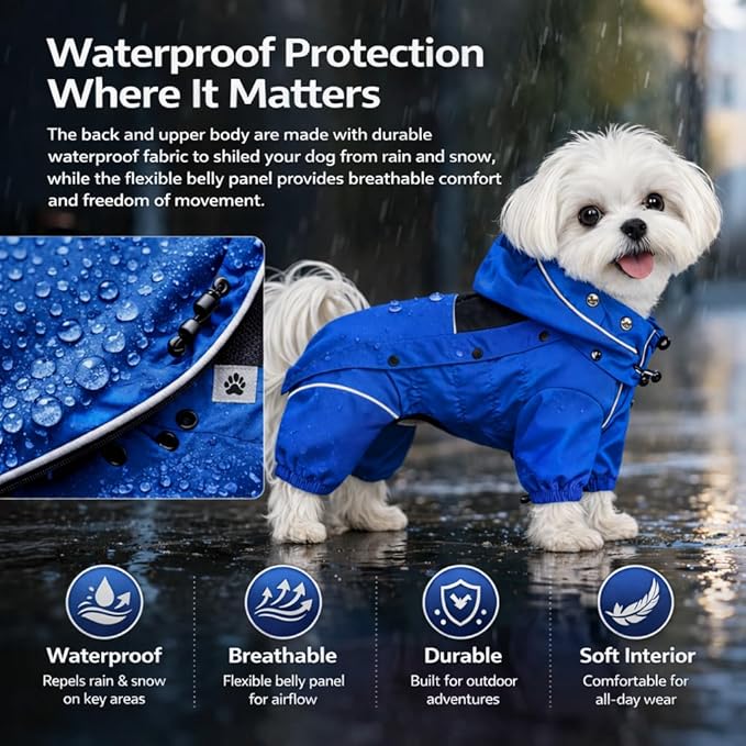 LOVELONGLONG Waterproof Dog Raincoat with Removable Hood – Outdoor Full Body Dog Jacket, Windproof Snowproof Shell Suit – All Season Pet Rain Gear Blue S