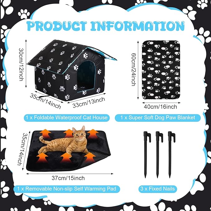 Outdoor Waterproof Cat House Stray Pet Outdoor Houses for Feral Shelter for Cats Dog Collapsible Pet Shelter with Self Warming Pad Blanket, 3 Pcs Tent Stakes(S Size)