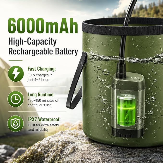 Portable Shower for Camping, 6000mAh Rechargeable Camping Shower with Intelligent LED Display, Foldable Bucket, 4 Spray Modes, IPX7 Waterproof Outdoor Camp Pump for Hiking, Travel, Car, Pet