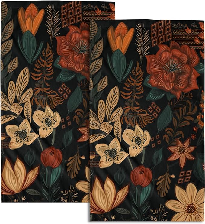 Giwawa Boho Floral Hand Towels Set of 2 Black Mid Century Fingertip Towel Absorbent Face Towel Soft Dish Towels for Gym Bath Kitchen Home Decor