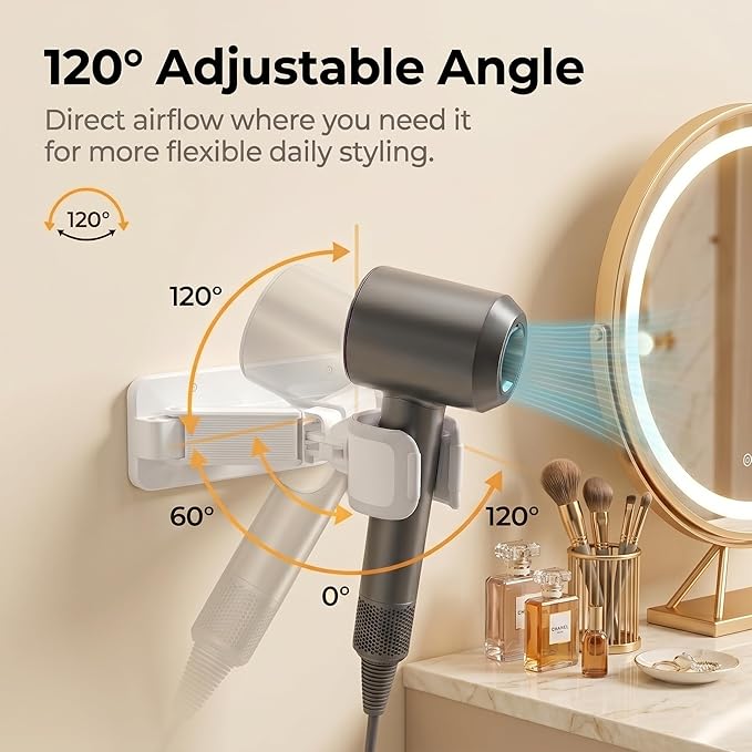 Wall Mount Hair Dryer Holder, Hands Free Hair Dryer Stand with Retractable Fold-Flat Arm, 360° Adjustable Head, Cord Organizer, Fits Most Hair Dryers for Bathroom, Vanity, Pet Grooming