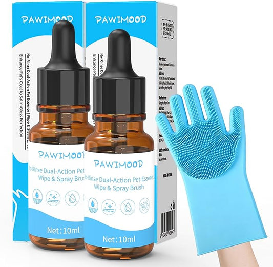 2Pcs Waterless No-Rinse Pet Shampoo Essence for Dogs & Cats with Blue Grooming Gloves | Pomegranate Scent for Skin & Coat Care | Includes 5-Finger Bathing & Massage Gloves for Dogs/Cats