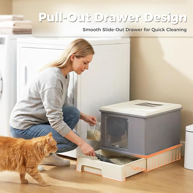 PAWZ Road Large Cat Litter Box, Dual Entry Litter Box with Lid, Fully Enclosed Drawer Type Cat Litter Box for Large Cats,Gray