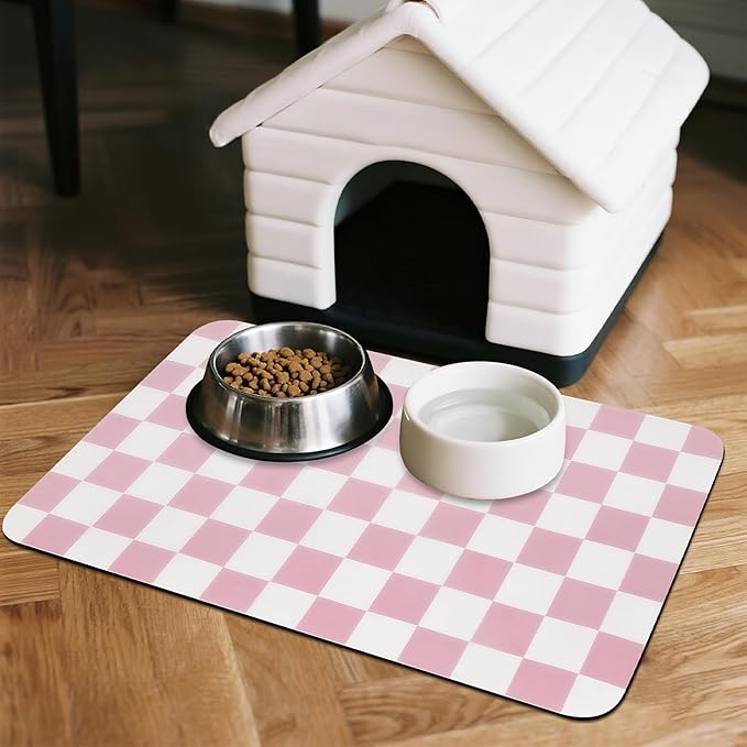 CooRug Checkered Dog Food Mat, Absorbent Leak-Proof Pet Feeding Mat, Quick Dry Cat Food Mat for Messy Drinkers 12" x 20" Pink