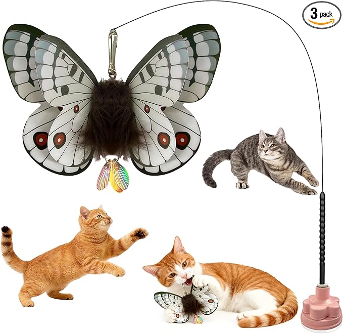 Walfront Cat Toys Interactive Teaser Wand, Butterfly Attachment with Pink Petal Suction Cup Base, Realistic Butterfly & Feather for Independent Play or Interactive Bonding with Cats & Kittens