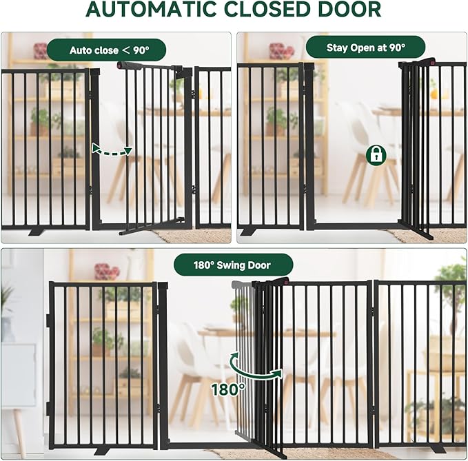 Snagle Paw Metal Freestanding Dog Gate with Door,120” W x 36” H Dog Fence with Support Feet for Doorways, Stairs and Hallways, Portable Pet Gate for Indoor Use (6 Panel, Black)