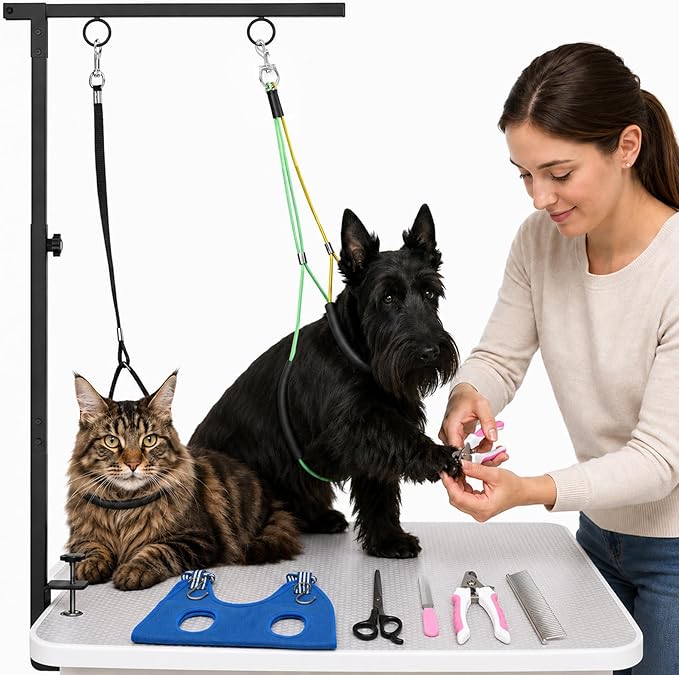 Foldable Dog Grooming Arm with Clamp, Adjustable Height 29"-41" for Small & Medium Dogs, Grooming Table Arm with Hammock and No-Sit Haunch Holders, Portable Home Salon Grooming Support