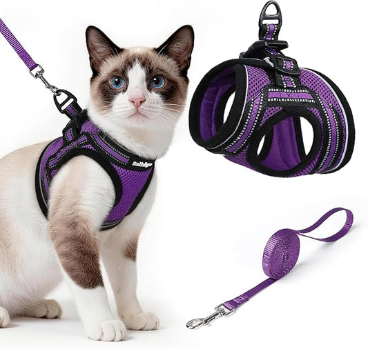 rabbitgoo Cat Harness and Leash Set for Walking Escape Proof, Adjustable Soft Kittens Vest with Reflective Strip for Cats, Comfortable Outdoor Vest, Purple, L