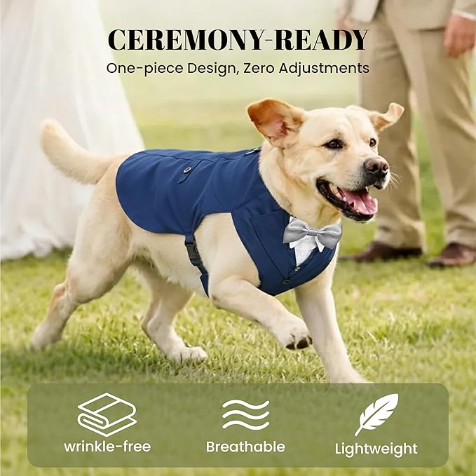 AVERYDAY Dog Tuxedo with Bow Tie for Wedding Outfit, Dog Suit Costume for Christmas Halloween Valentine’s Day, Adjustable Pet Tux Harness with Leash Ring, Formal Wear for Small Medium Large Dogs