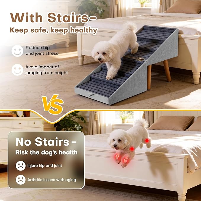 21.06”H Dog Stairs for High Bed, 6-Step Pet Stairs with Split Ottoman Design - Tall Dog Steps Convertible to Bedside Table Nightstand, Large Non-Slip Stairs for Big Medium Dogs to Bed