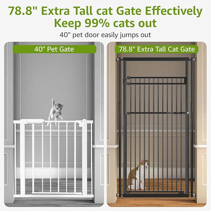 78.8" Extra Tall Pet Gate for Cat/Dog, 28.3-33" Wide Tall Cat Gate for Doorways/Hallways, NO Drilling Pressure Mounted Dog Gate for Stairs, Studio, Kitchen (Black)