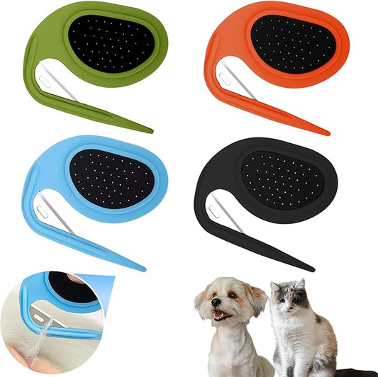 4Pcs Cat Dematting Comb Set - Safe Hidden Blade Pet Knot Remover for Matted Fur, No Scratch Grooming Detangling Tool for Dogs & Cats, Non-Slip Handle