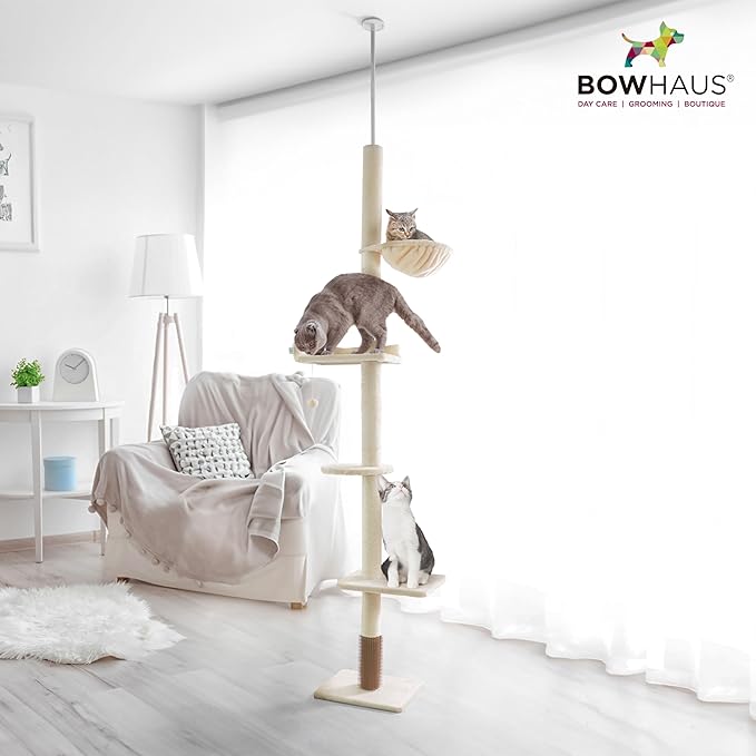 BOWHAUS Floor to Ceiling Cat Tree, Adjustable Height 104”-115” Multi-Tier Cat Climbing Tower w/Itching Scratcher, Cozy Hammock, Interactive Playball, Platforms for Indoor Cats, Dark Grey