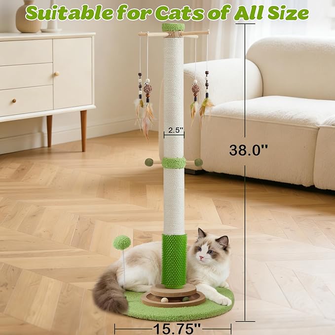 Cat Scratching Post, 38 Inch Tall Scratching Posts for Indoor Cats Adults and Kittens, Sisal Cat Scratch Post with Rotatable Hanging Toys, Rubber Brush, Mint Balls and Interactive Wooden Ball Track
