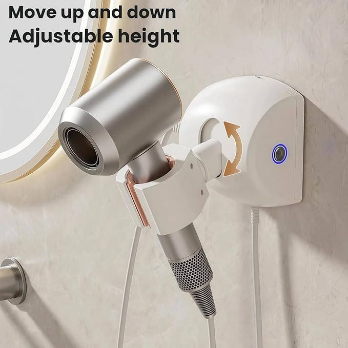 Automatic Rotating Hair Dryer Stand, Hands Free Blow Dryer Holder with 360° Auto Oscillation & Left-Right Swivel, Wall Mounted No Drilling, One-Button Start, for Styling, Pet Grooming & Phone Time