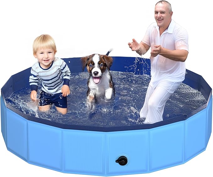 CACSPS 71" x 12" Foldable Dog Pool - Collapsible Hard Plastic Kiddie Pool for Dogs & Kids, Non-Slip Pet Bath Tub for Outdoor Backyard Use, Lightweight & Portable (Blue)