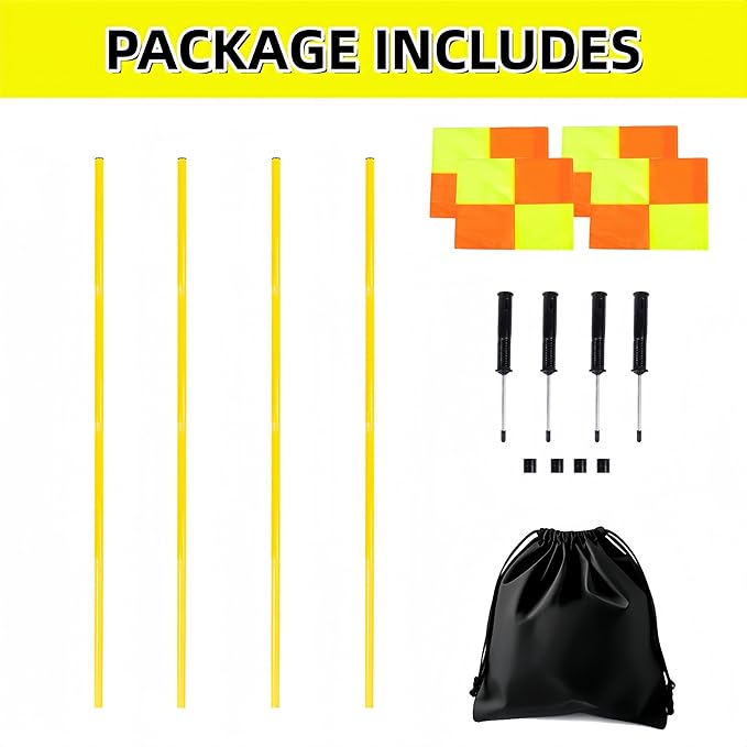 Soccer Corner Flags Set of 4 for Soccer Field, 5FT Agility Training Poles with Corner Flags,Speed and Agility Training Equipment for Sports Practice with Ground Spring Nails and Storage Bags(Yellow)