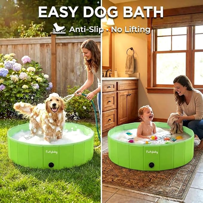 Foldable Dog Pool, Hard Plastic Kiddie Pool for Dogs, Collapsible Dog Pool with Rigid PP Core, Non-Slip PVC, Durable Pet Bath Tub for Indoor/Outdoor Backyard, 32" Green
