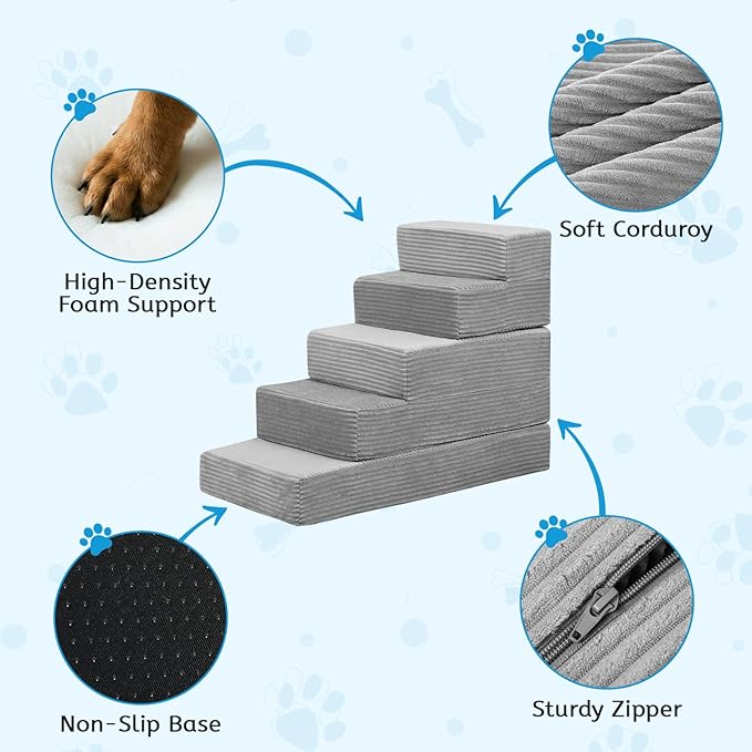 Dog Stairs for Small Dogs, 22" H Dog Steps for High Bed, 5 Steps 3 in 1 Foldable Pet Ramp for Large Cats Climb, Transformable Large Cats Ramp to Get on Couch, Non-Slip Balanced, Light Grey