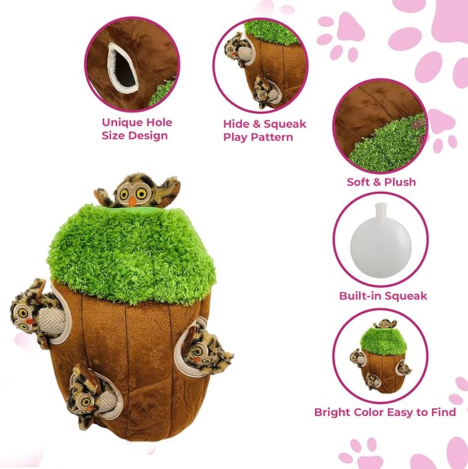 Glow Pups Dog Puzzle Toy Tree with Hide and Seek Squeaky Owl Plush Toys, Interactive Fun for Small and Medium Dogs, Promotes Mental Stimulation, Large Green Forest Animal