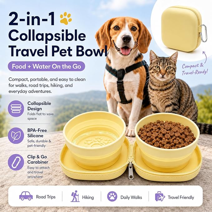 Portable Dog Bowl, Collapsible 2-in-1 Travel Dog Bowls with Carabiner Clip, Silicone Double Pet Food and Water Dish for Outdoor Camping and Hiking (Yellow)