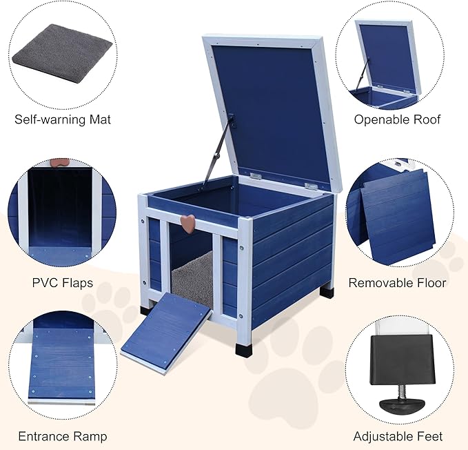 Deblue Outdoor Cat House with Self-Warming Mat, Weatherproof Cat House for Feral Cat, Cat Houses for Outdoor Cats (Blue House with Mat)