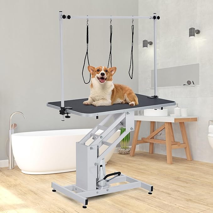 43.3-Inch Large Desktop Hydraulic Pet Grooming Table for Large Dogs with 350 LBS Loading Capacity - Heavy Duty Professional Dog Grooming Table with Non-Slip Desktop and 3 Adjsutable Nooses