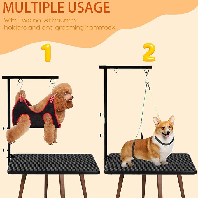 Foldable Dog Grooming Arm with Clamp - Adjustable Height 18"-35", Dog Grooming Table Arm with Hammock and No-Sit Holder, Grooming Restraint for Small Medium Dogs at Home or Salon